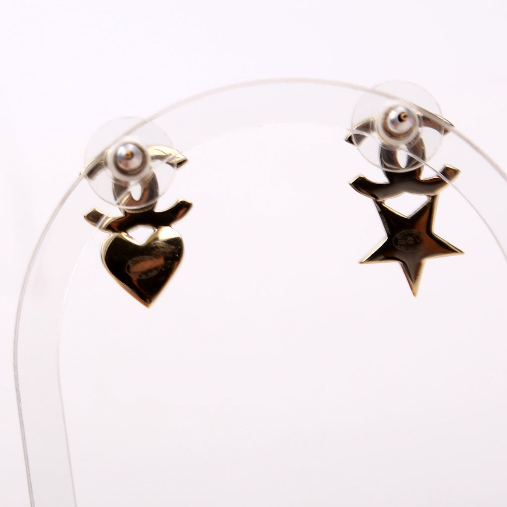 Strass CC And Faux Pearl Heart And Star Drop Earrings Gold