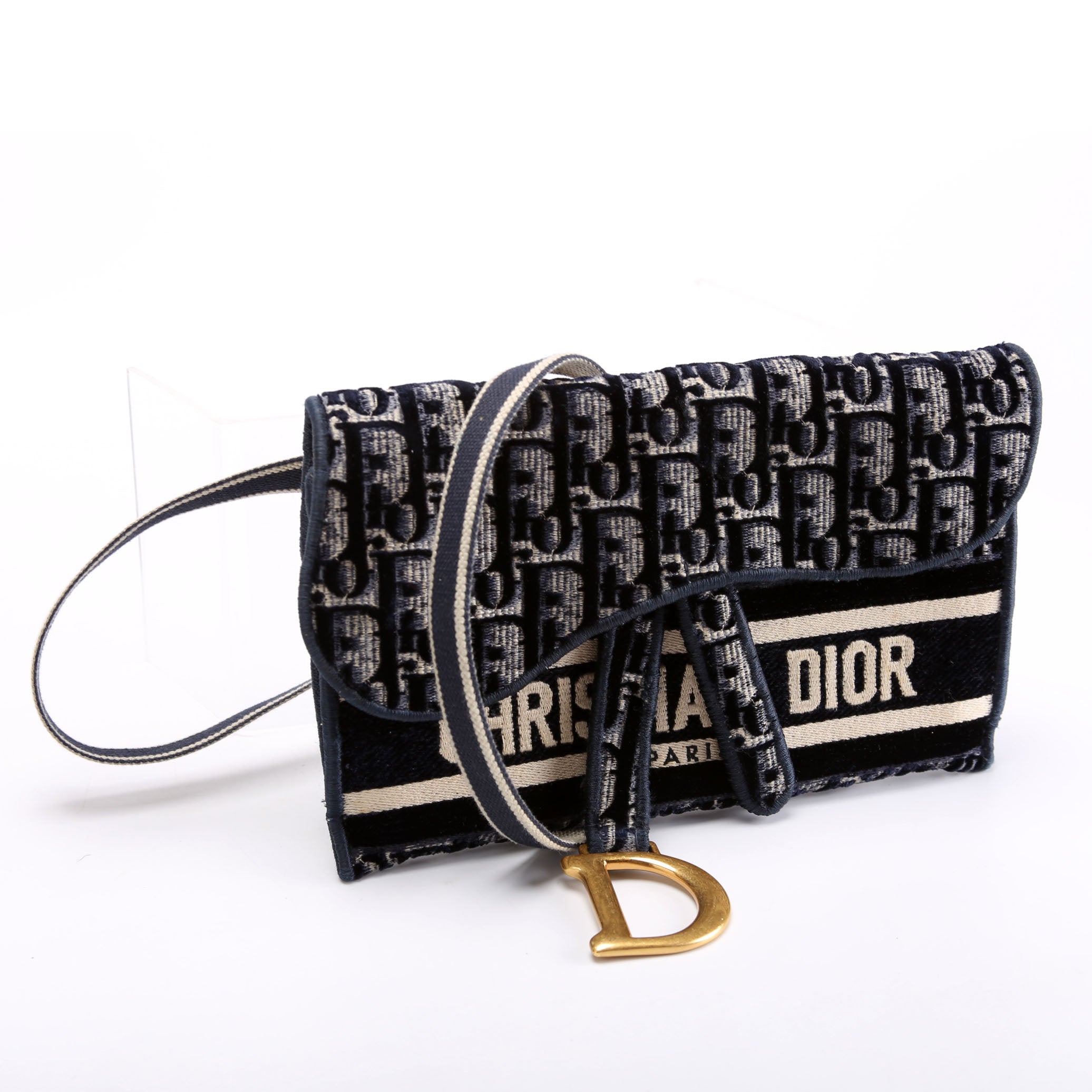 Slim Saddle Belt Bag Velvet Oblique Navy/Beige