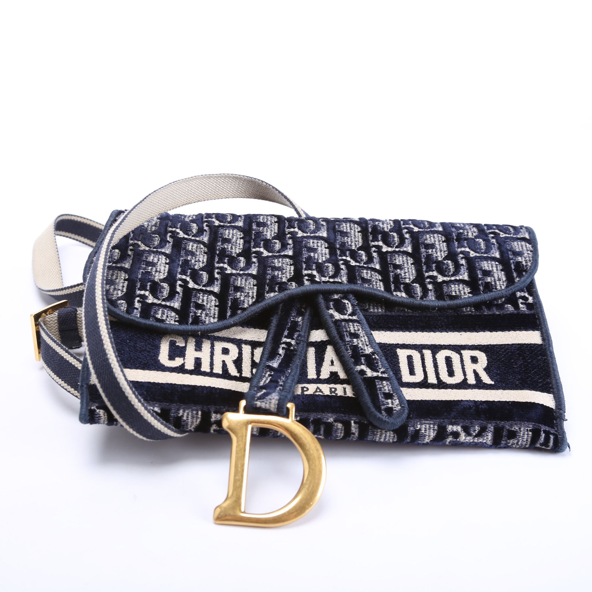 Slim Saddle Belt Bag Velvet Oblique Navy/Beige