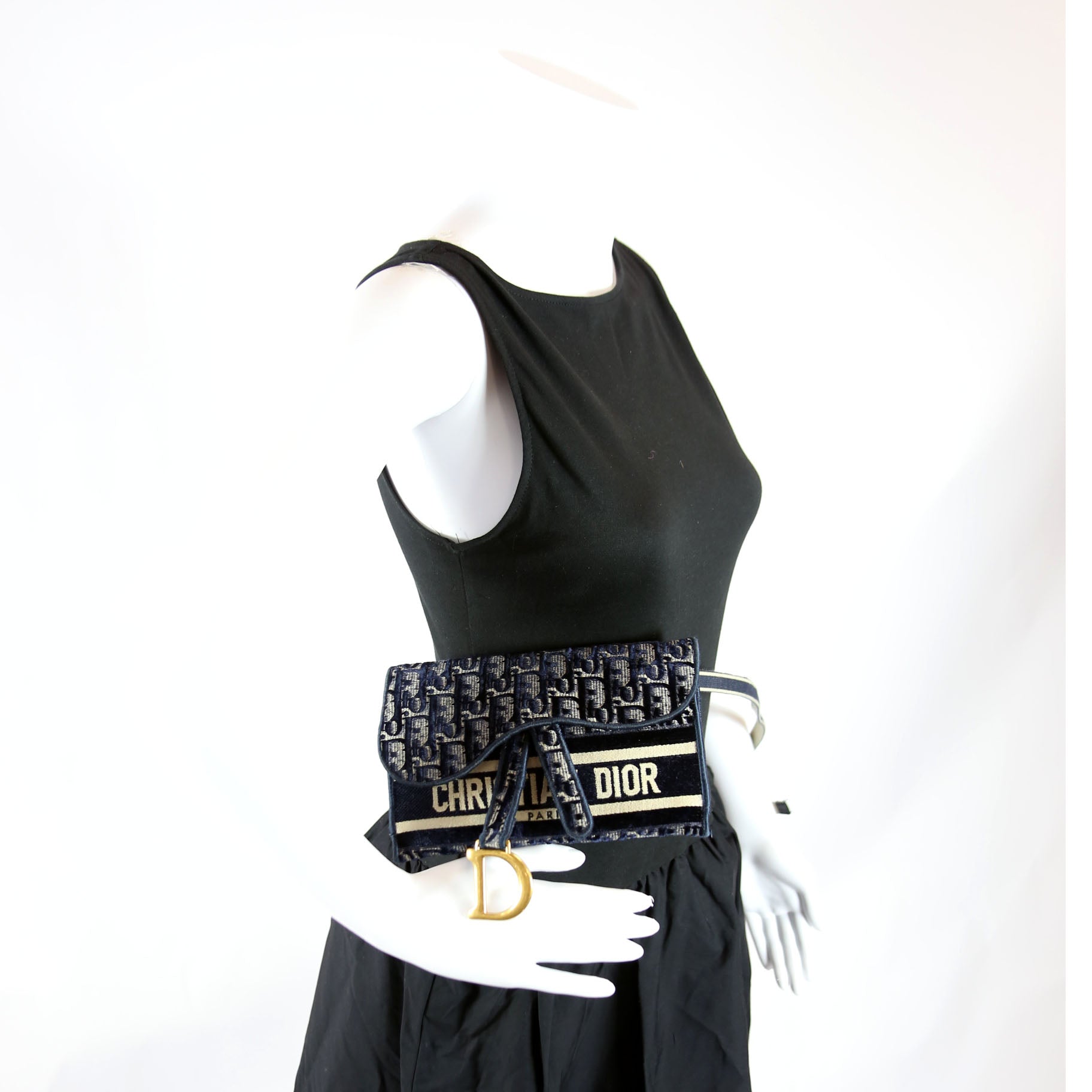 Slim Saddle Belt Bag Velvet Oblique Navy/Beige