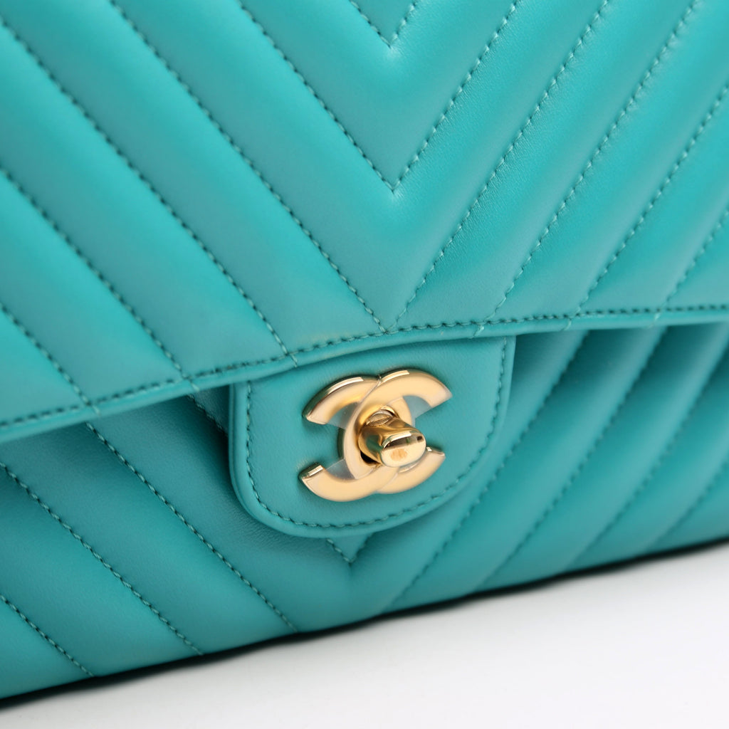 Classic Flap Medium Chevron Lambskin 23M Teal