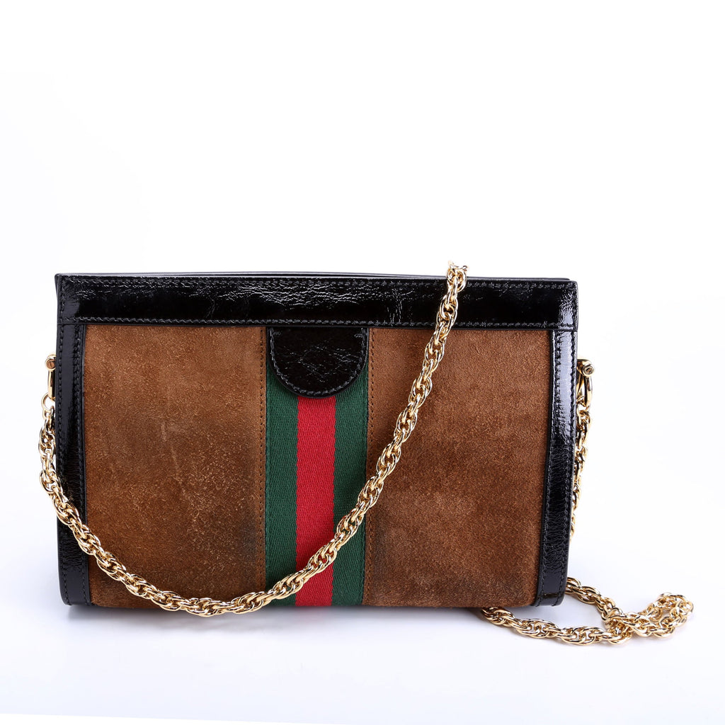 503877 Ophidia Suede Shoulder Small Brown/Black