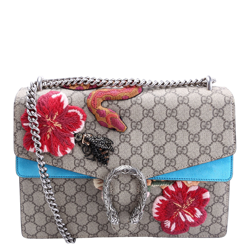 Gucci 400235 Dionysus Bee Snake Embellished Shoulder Medium Beige/Blue