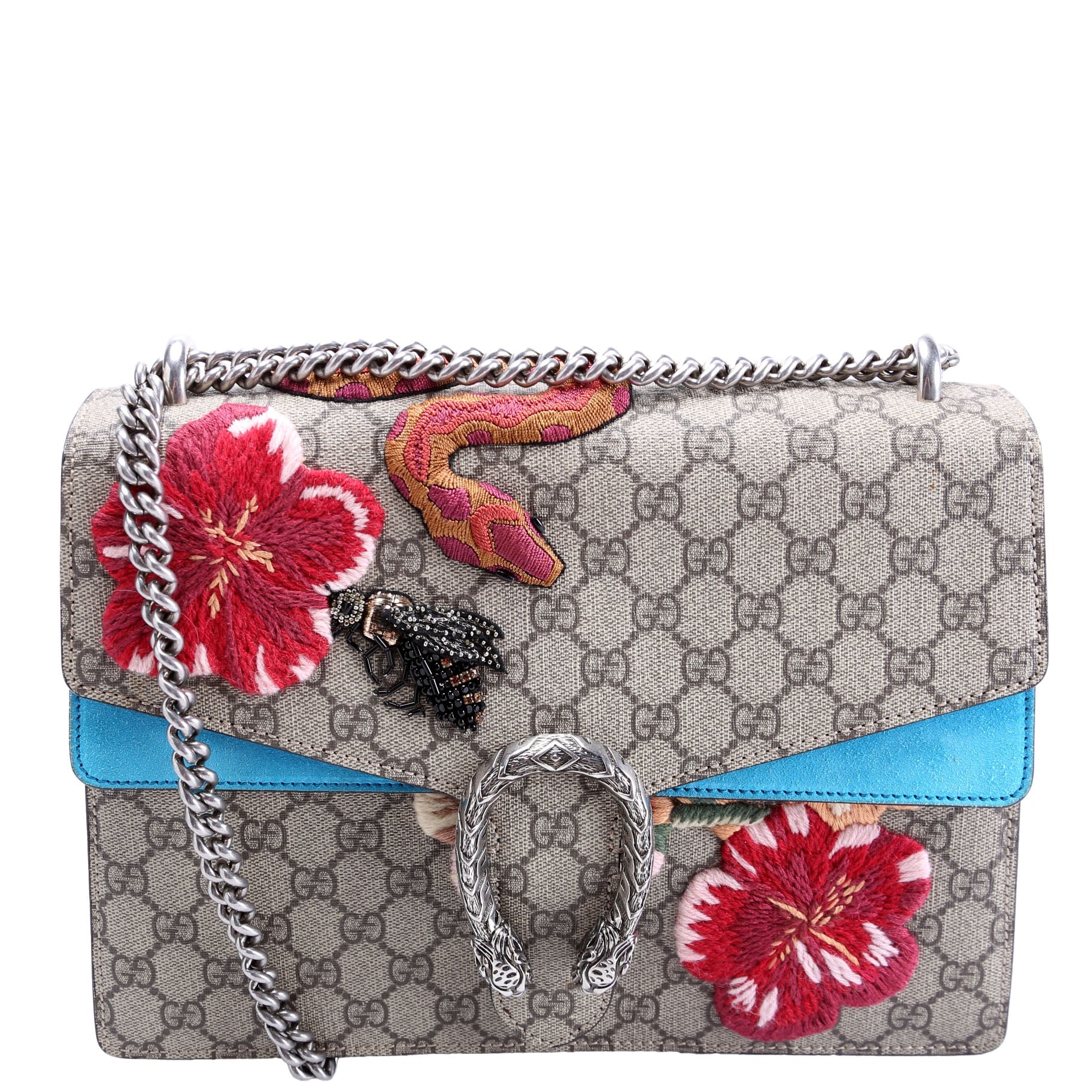 Gucci 400235 Dionysus Bee Snake Embellished Shoulder Medium Beige/Blue