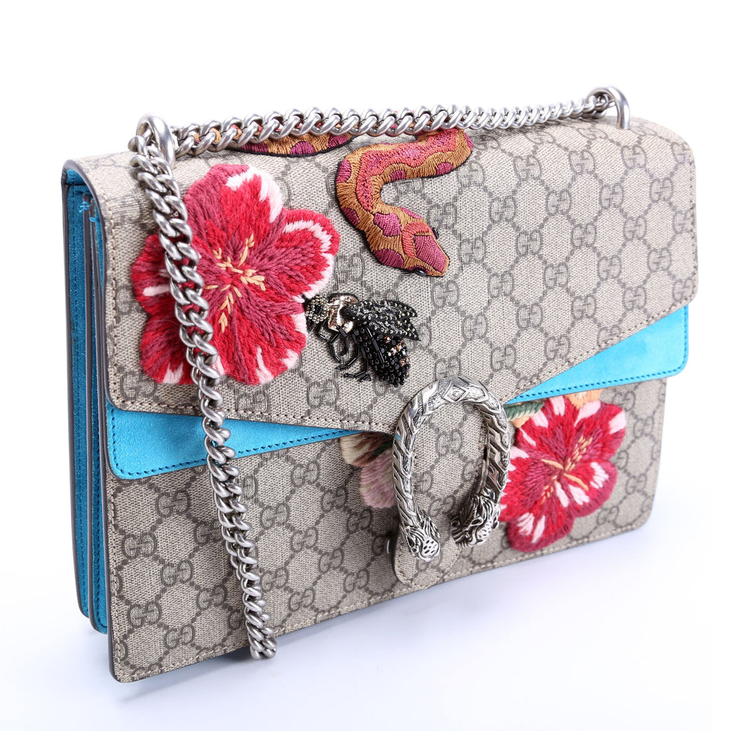 Gucci 400235 Dionysus Bee Snake Embellished Shoulder Medium Beige/Blue