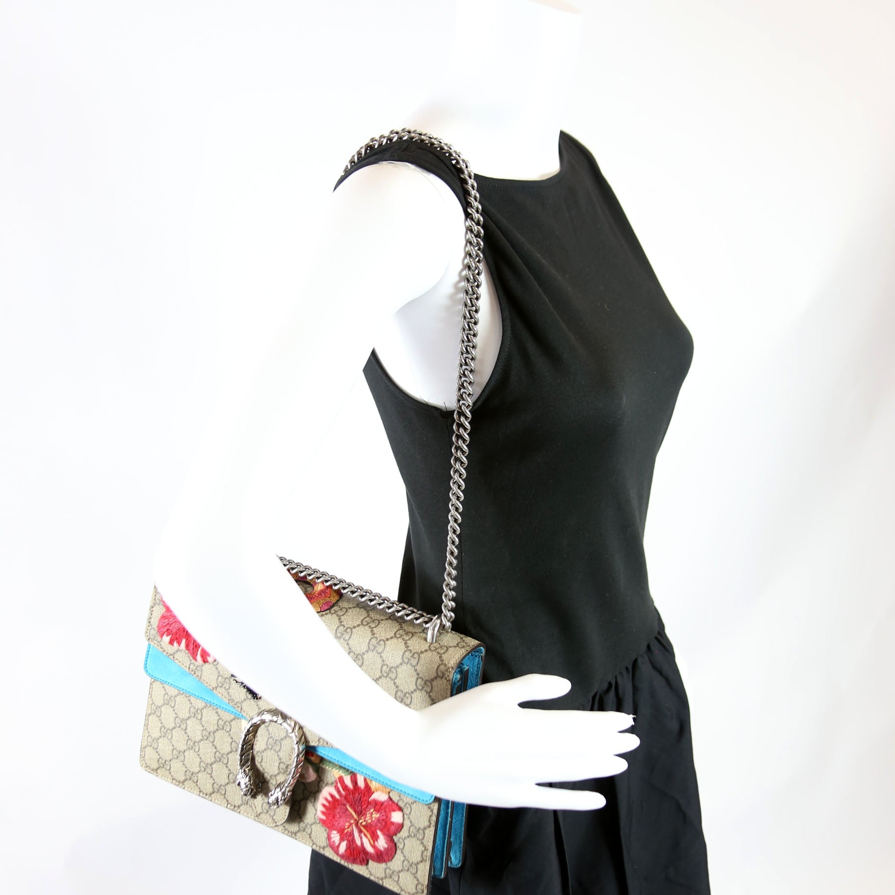 Gucci 400235 Dionysus Bee Snake Embellished Shoulder Medium Beige/Blue