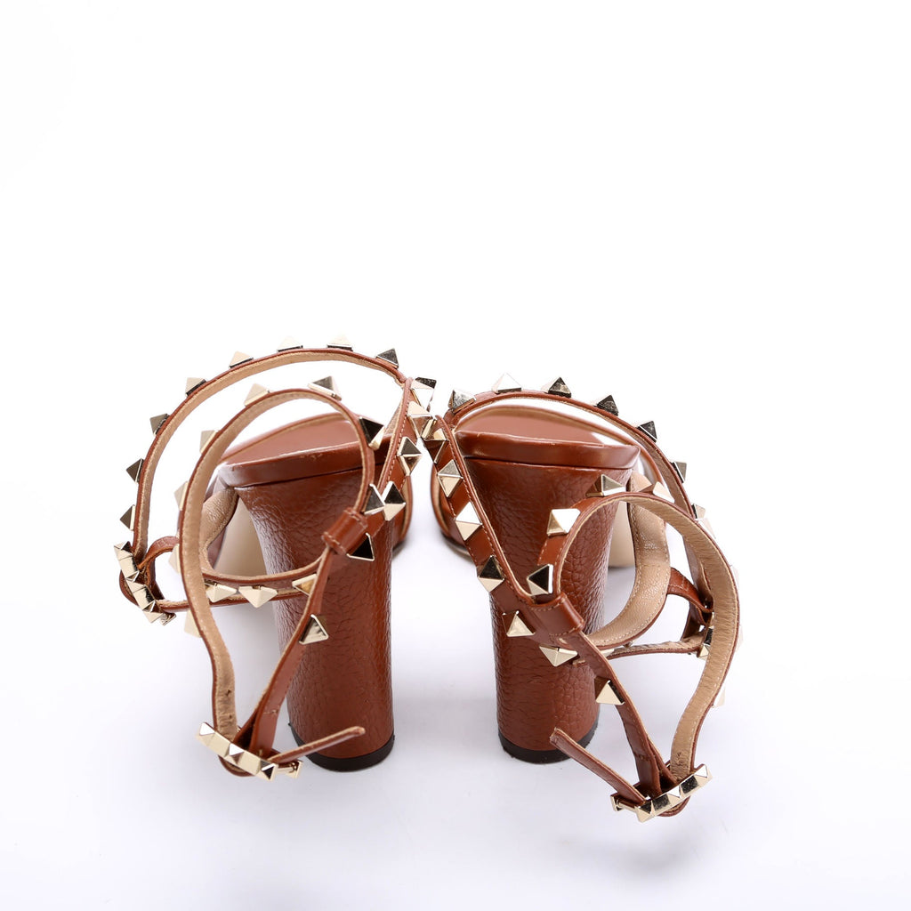 Rockstud Ankle Strap Block Heel Sandals Size 37 Brown