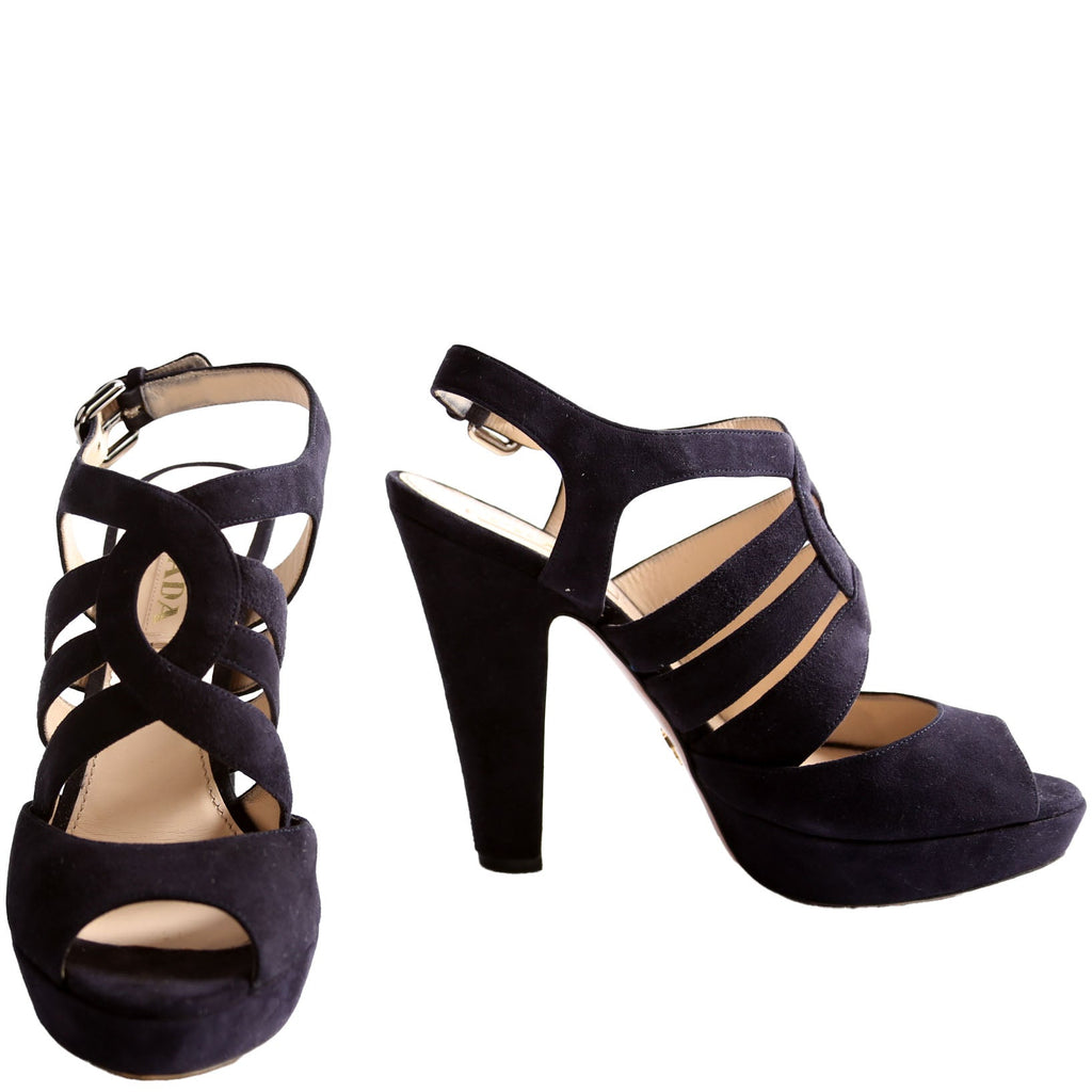 Crisscross Suede Platform Sandal Heels Size 38.5 Navy