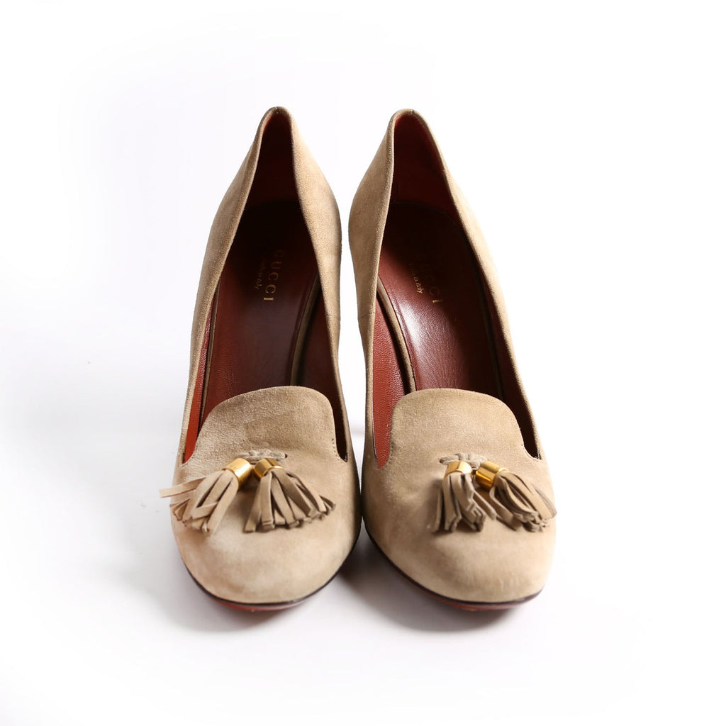 Suede Tassel Heels Size 38 Taupe