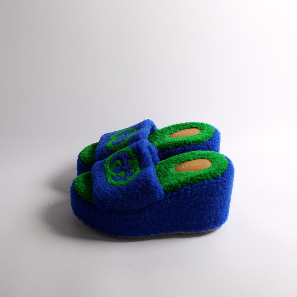 Gucci Elea Shearling Wedge Slides Size 38