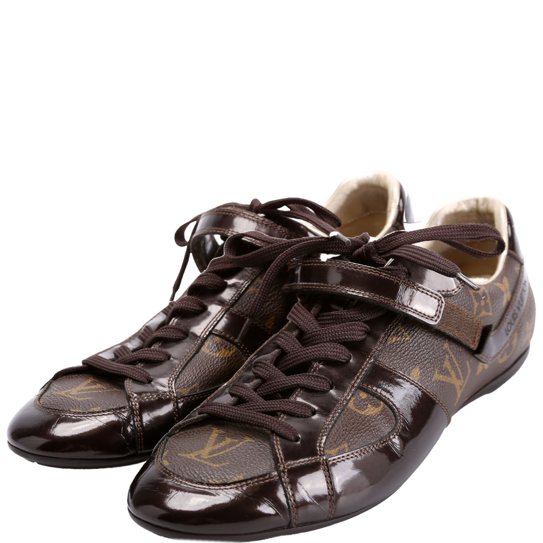 Globe Trotter Patent Monogram Sneakers Size 39.5 Brown
