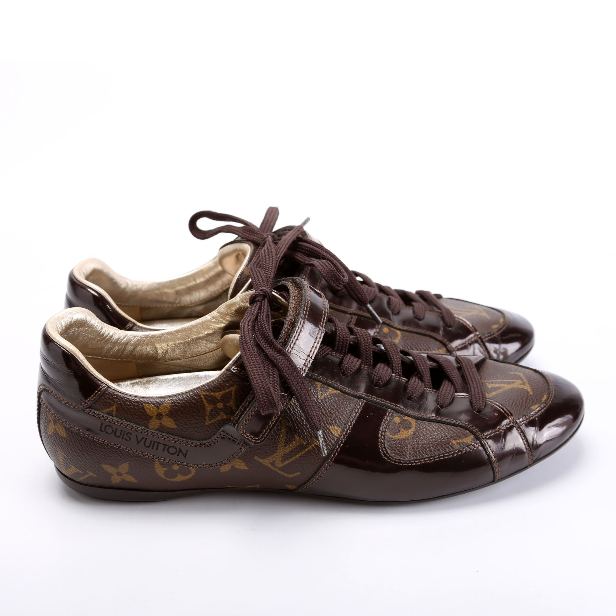 Globe Trotter Patent Monogram Sneakers Size 39.5 Brown