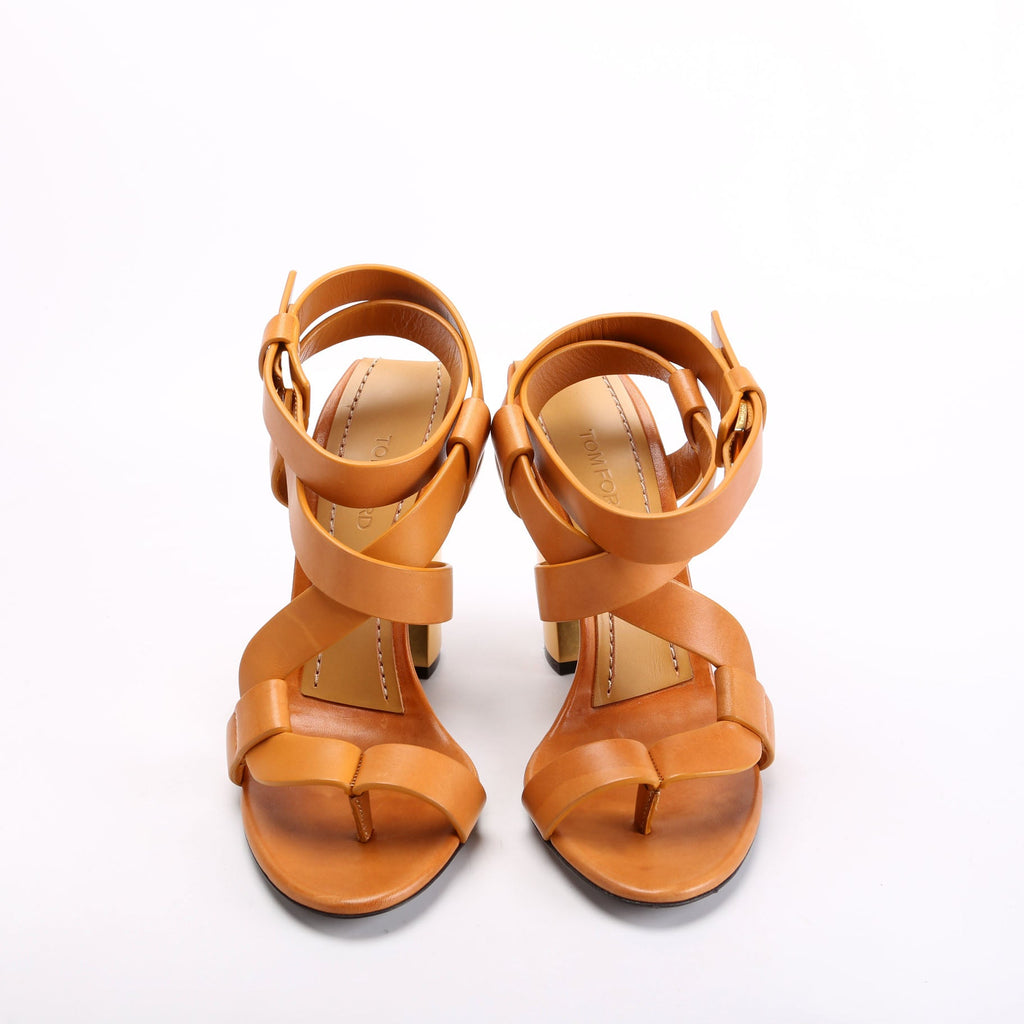 Leather Strappy Block Heels Size 40 Tan