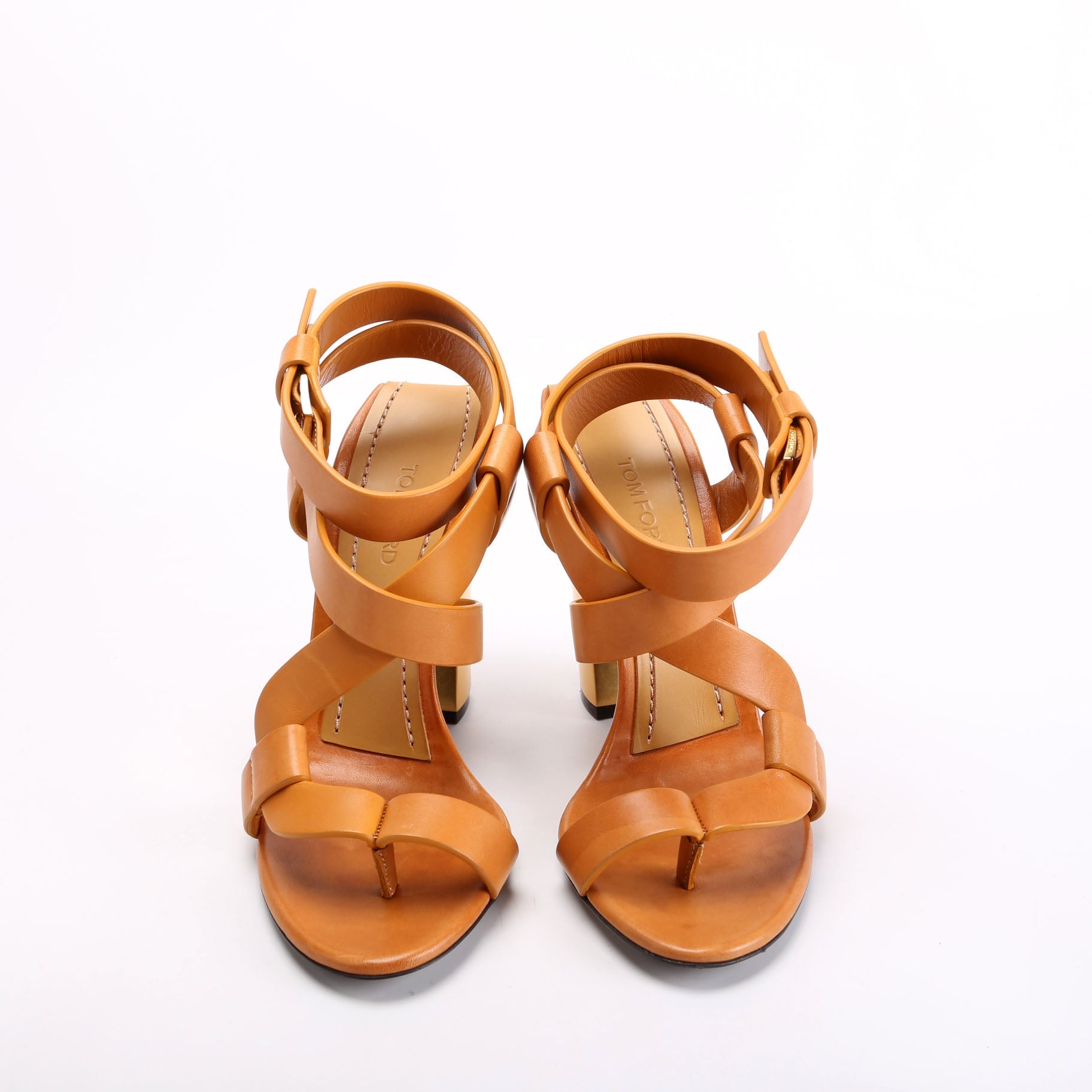 Leather Strappy Block Heels Size 40 Tan