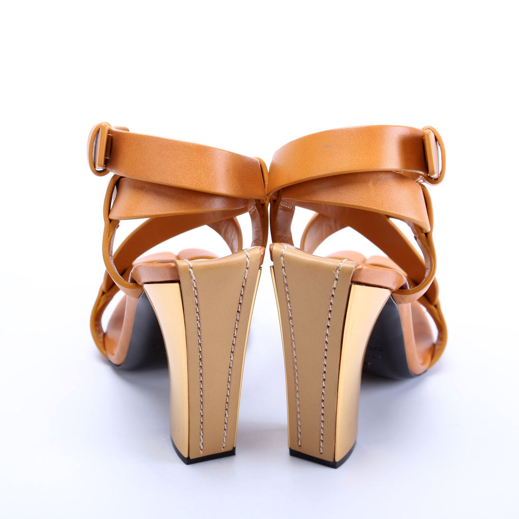 Leather Strappy Block Heels Size 40 Tan