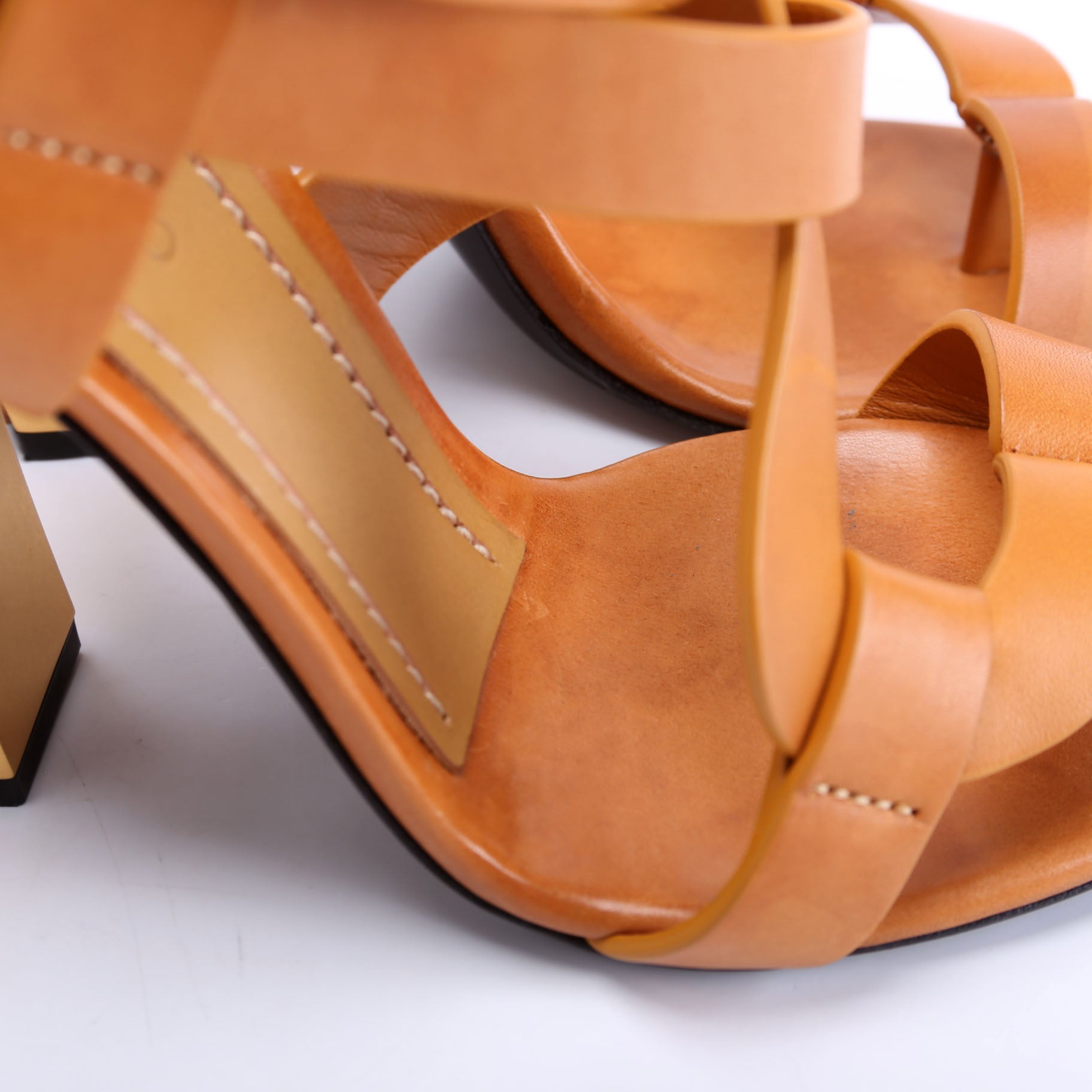 Leather Strappy Block Heels Size 40 Tan