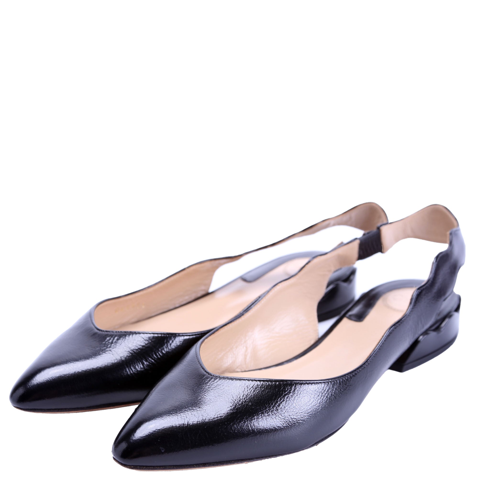 Pointed Toe Scalloped Slingback Flats Size 38.5 Black