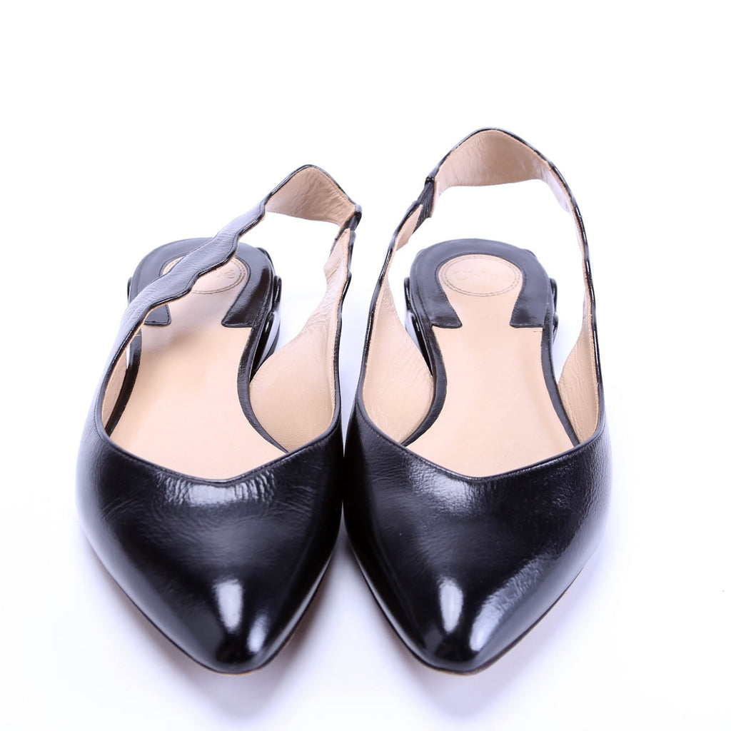 Pointed Toe Scalloped Slingback Flats Size 38.5 Black