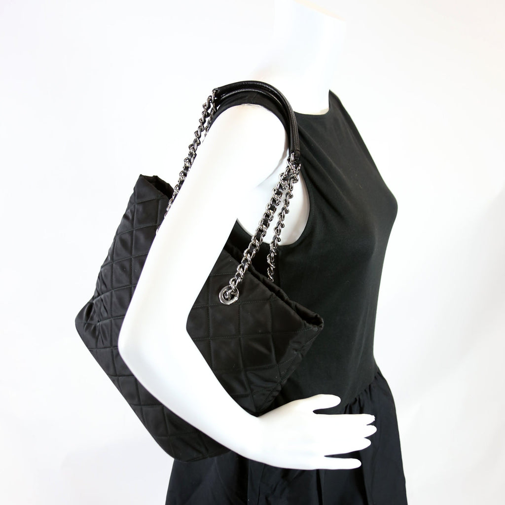 Quilted Nylon Catena Chain Shoulder Bag Black
