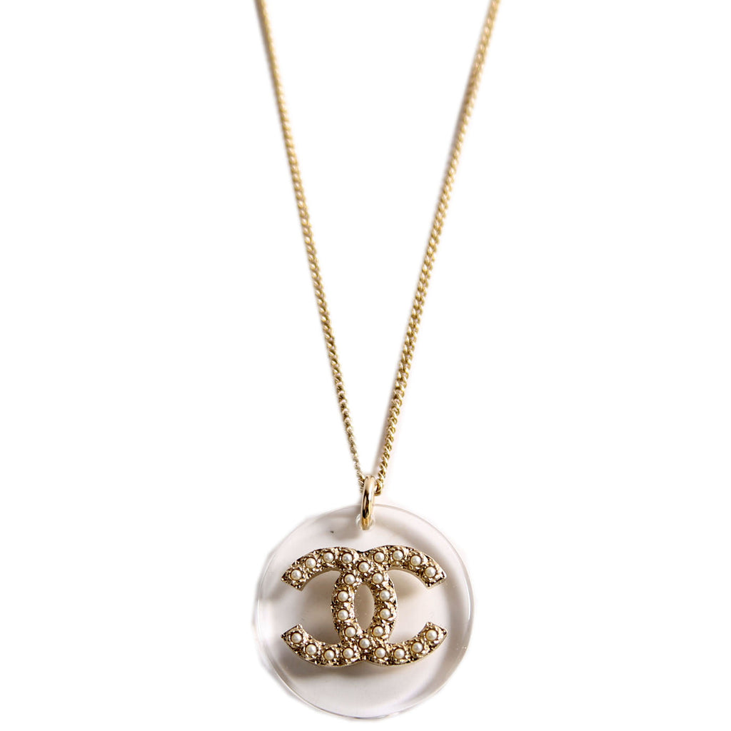 Clear Resin And Pearl CC Pendant Necklace Pearl/Gold