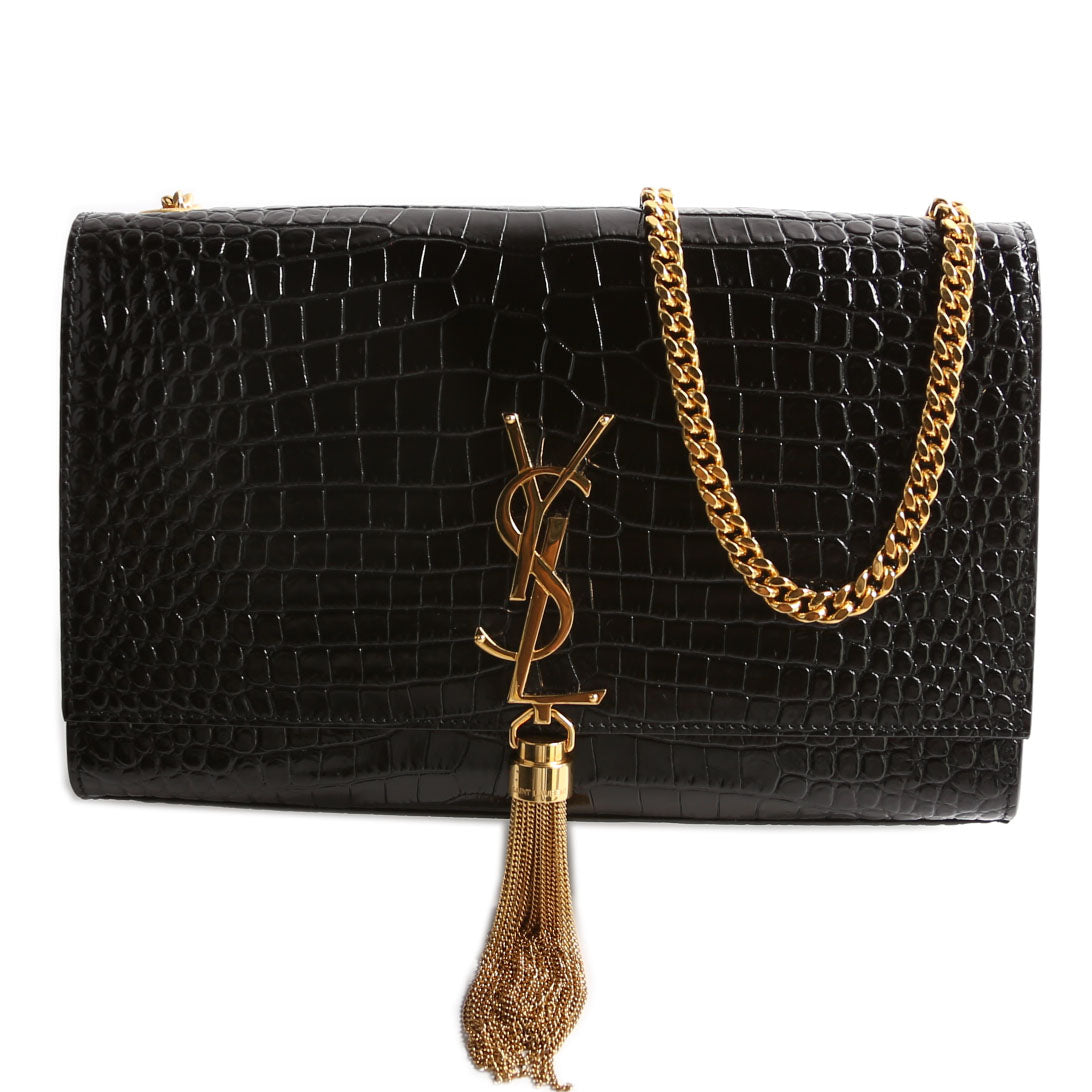 Kate Tassel Satchel Medium Crocodile Embossed 354119 Black