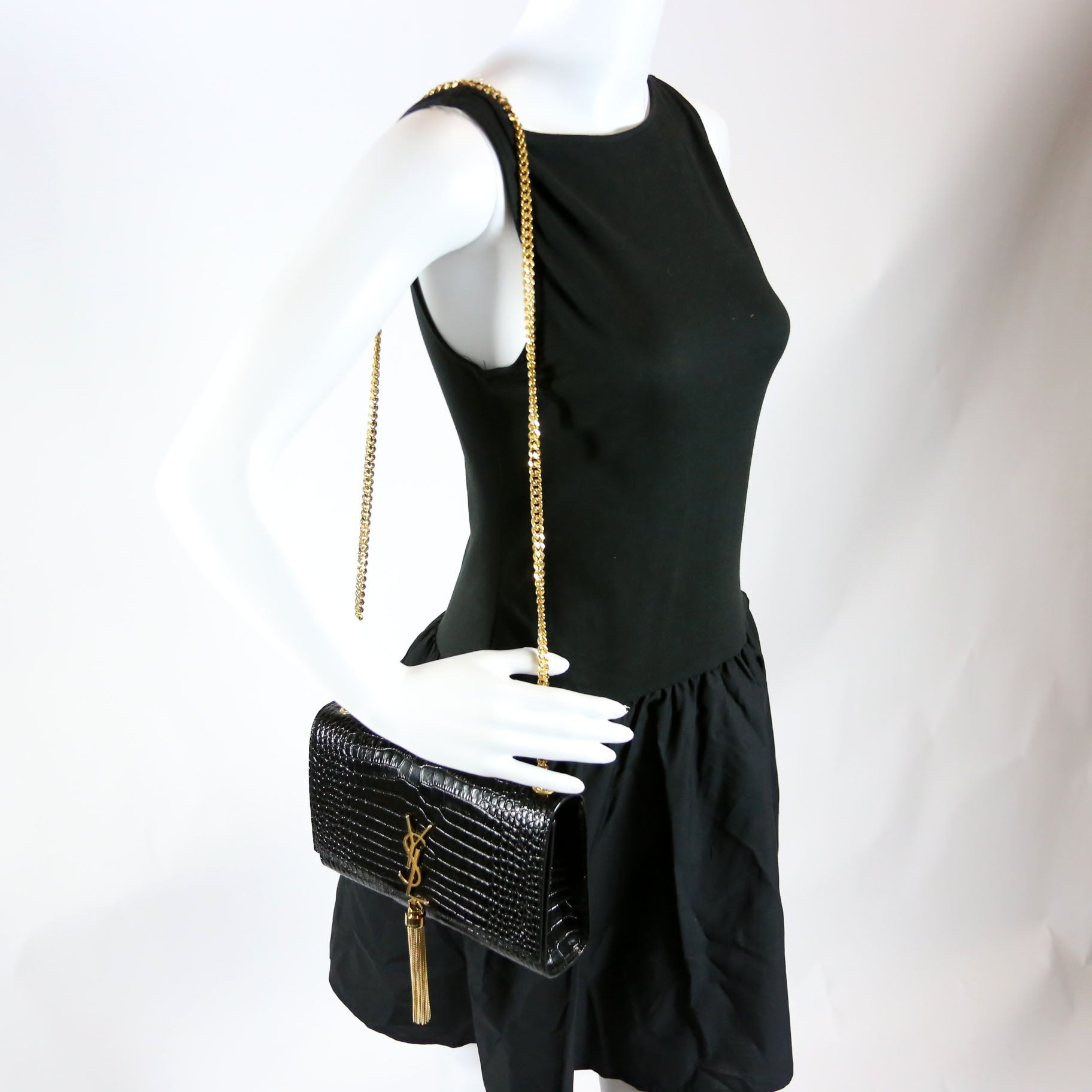 Kate Tassel Satchel Medium Crocodile Embossed 354119 Black