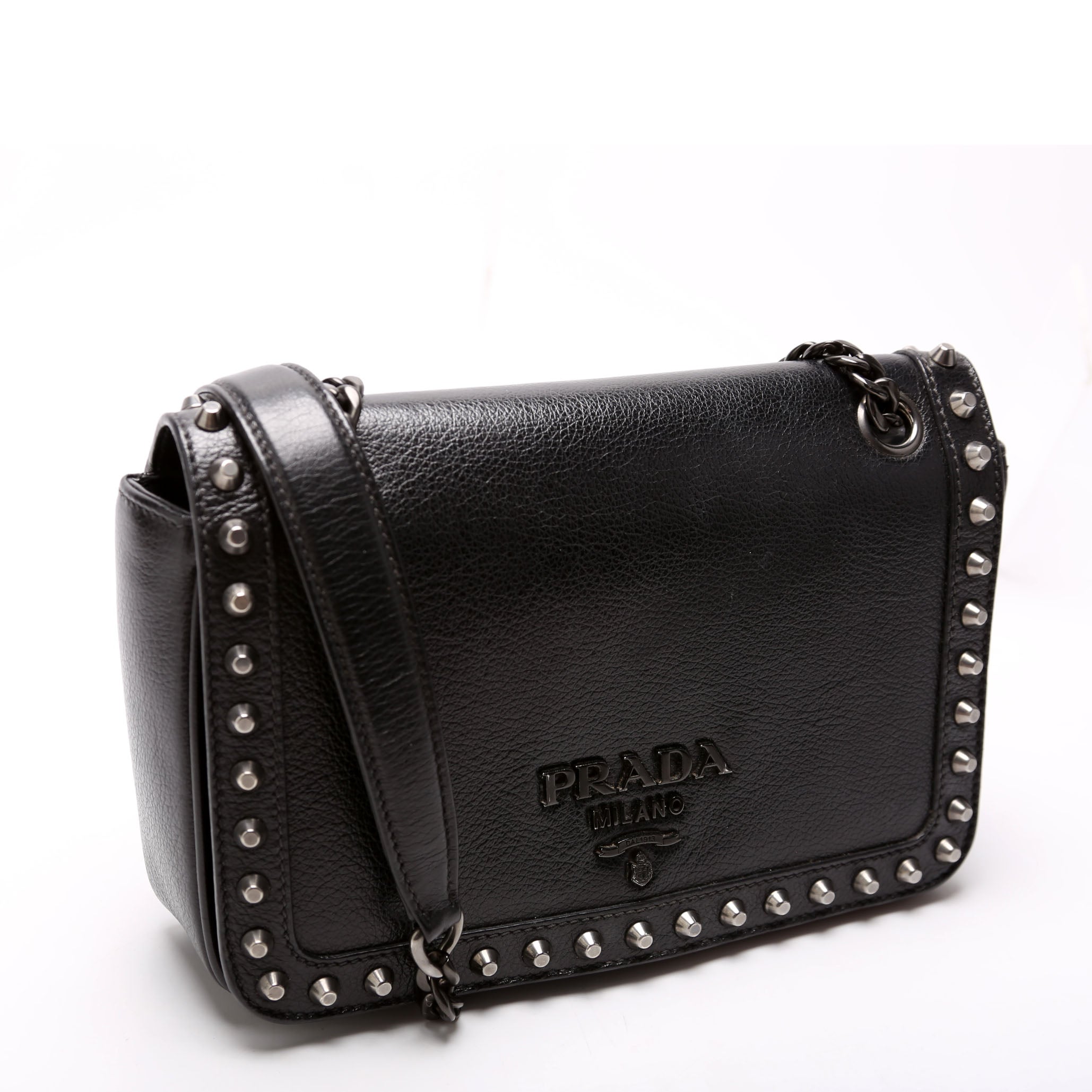 1BD147 Glace Calfskin Studded Crossbody Black