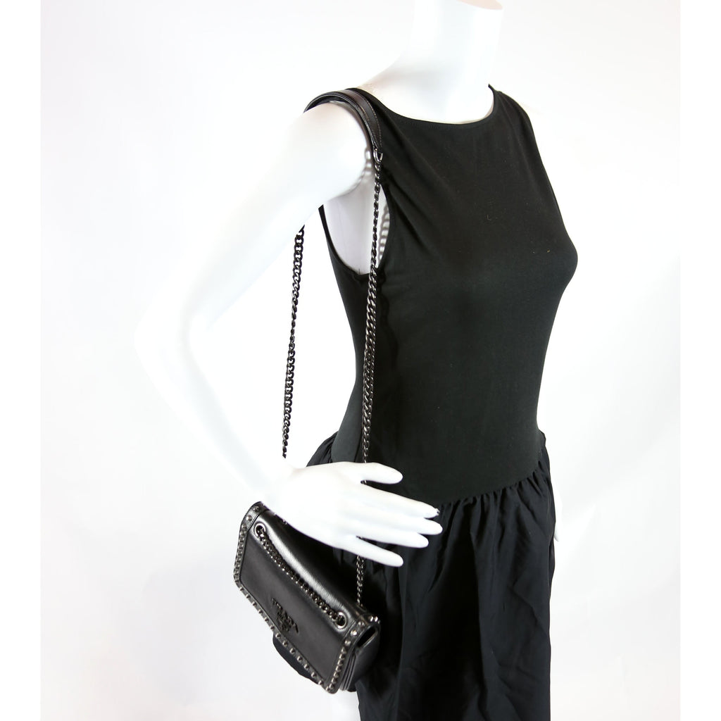 1BD147 Glace Calfskin Studded Crossbody Black