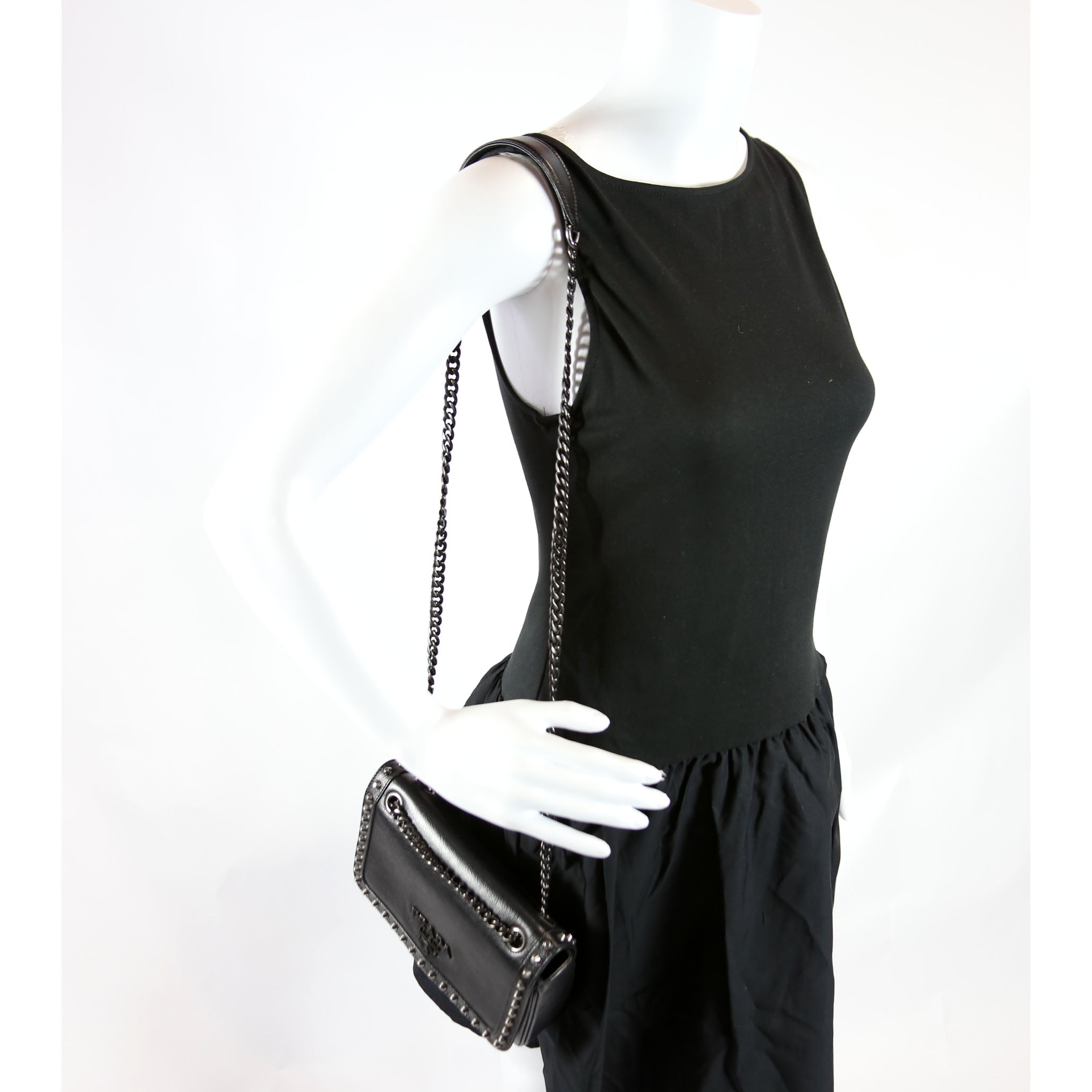 1BD147 Glace Calfskin Studded Crossbody Black