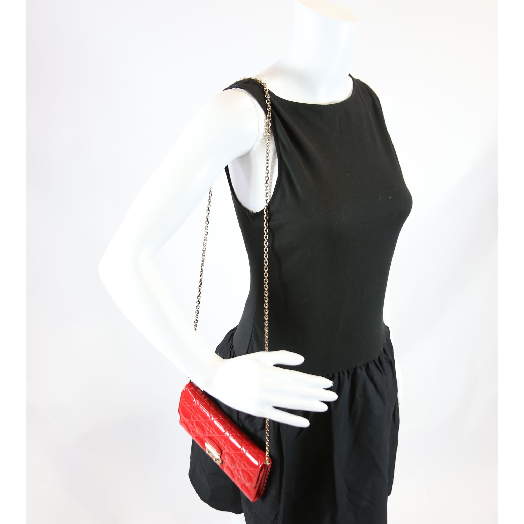 Patent Cannage Miss Dior Chain Wallet Red