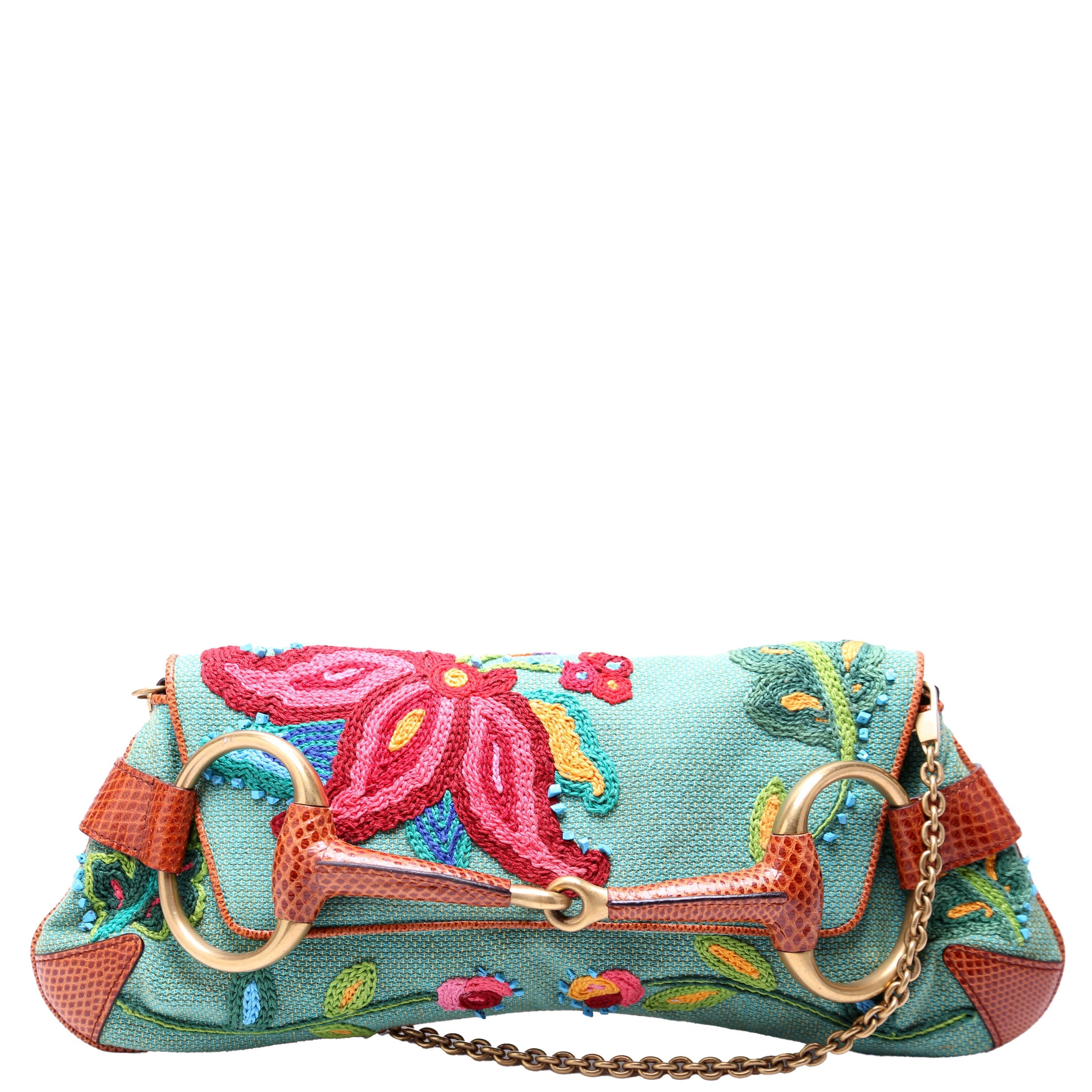 X Tom Ford Horsebit Embroidered Chain Clutch 123218 Teal/Multicolor