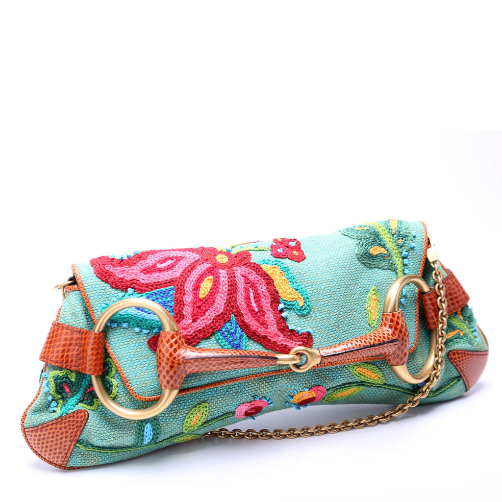 X Tom Ford Horsebit Embroidered Chain Clutch 123218 Teal/Multicolor