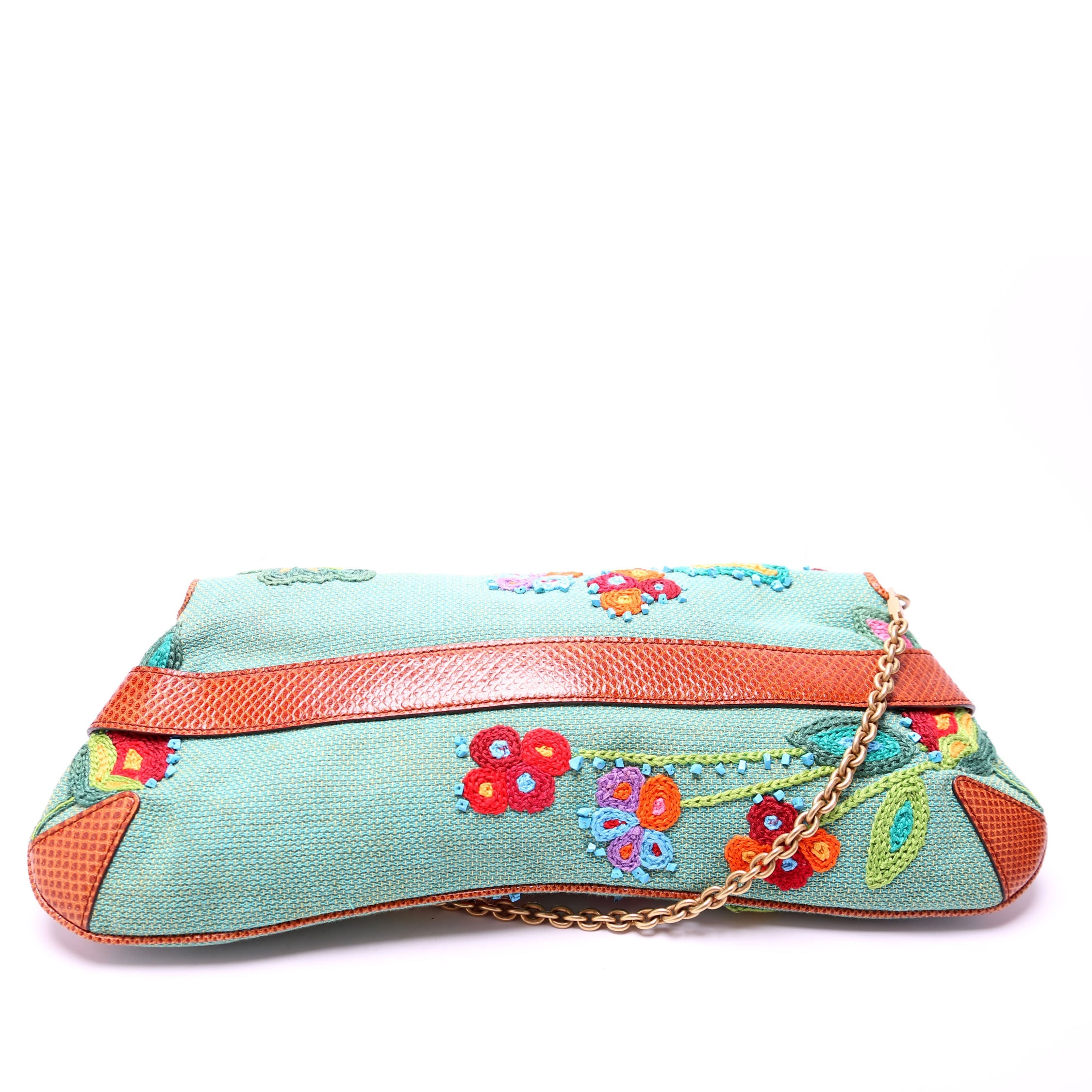 X Tom Ford Horsebit Embroidered Chain Clutch 123218 Teal/Multicolor