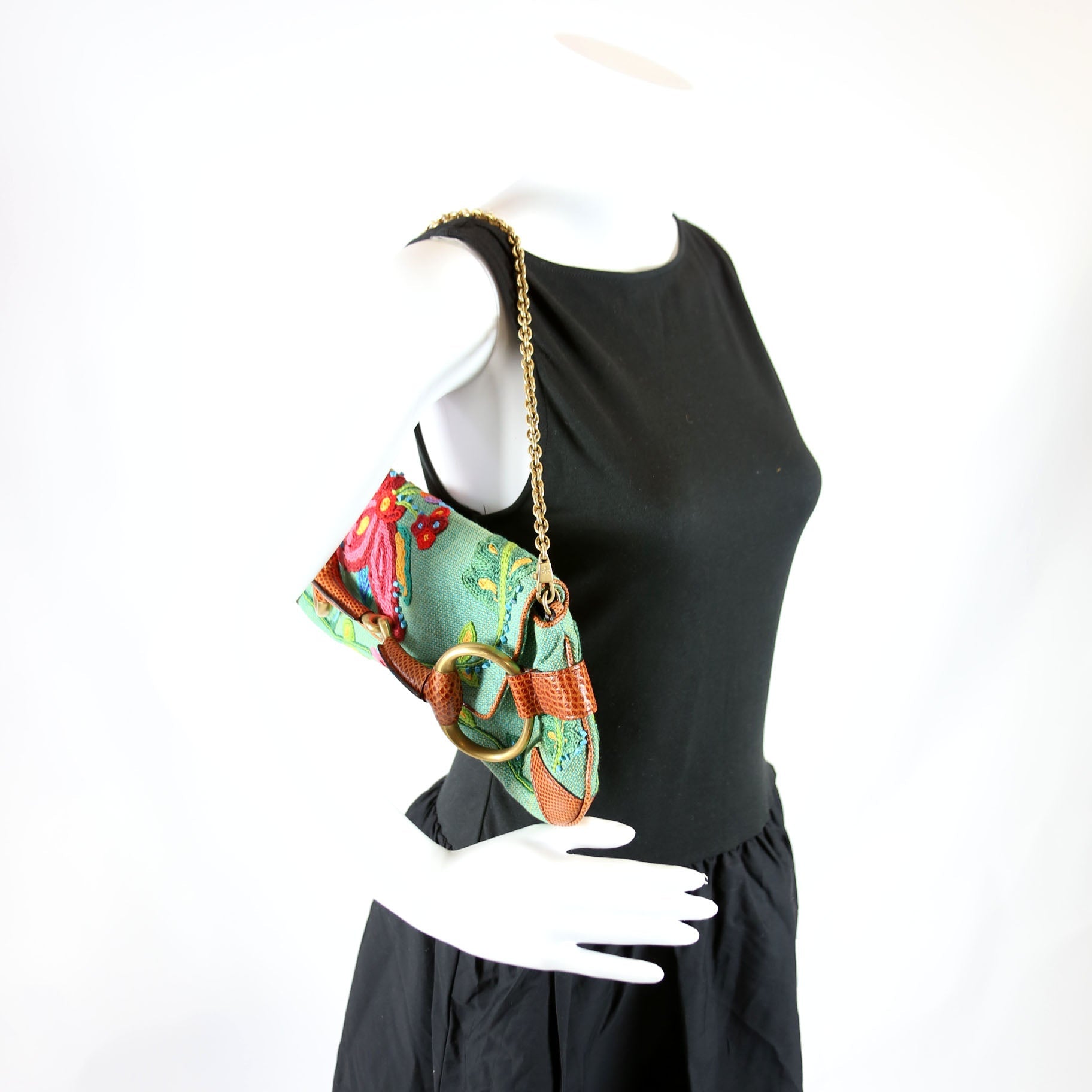 X Tom Ford Horsebit Embroidered Chain Clutch 123218 Teal/Multicolor