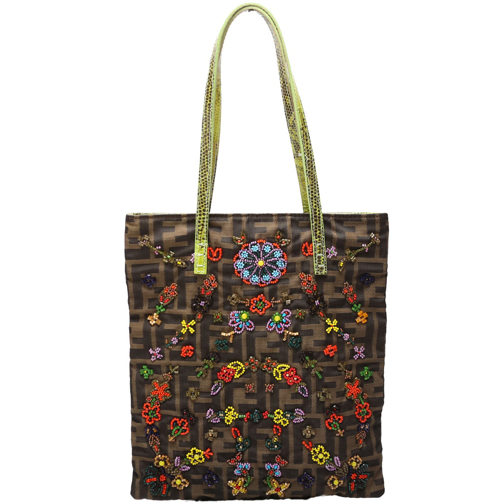26291 Beaded Flower Lizard Vertical Shoulder Bag Vintage Brown/Green