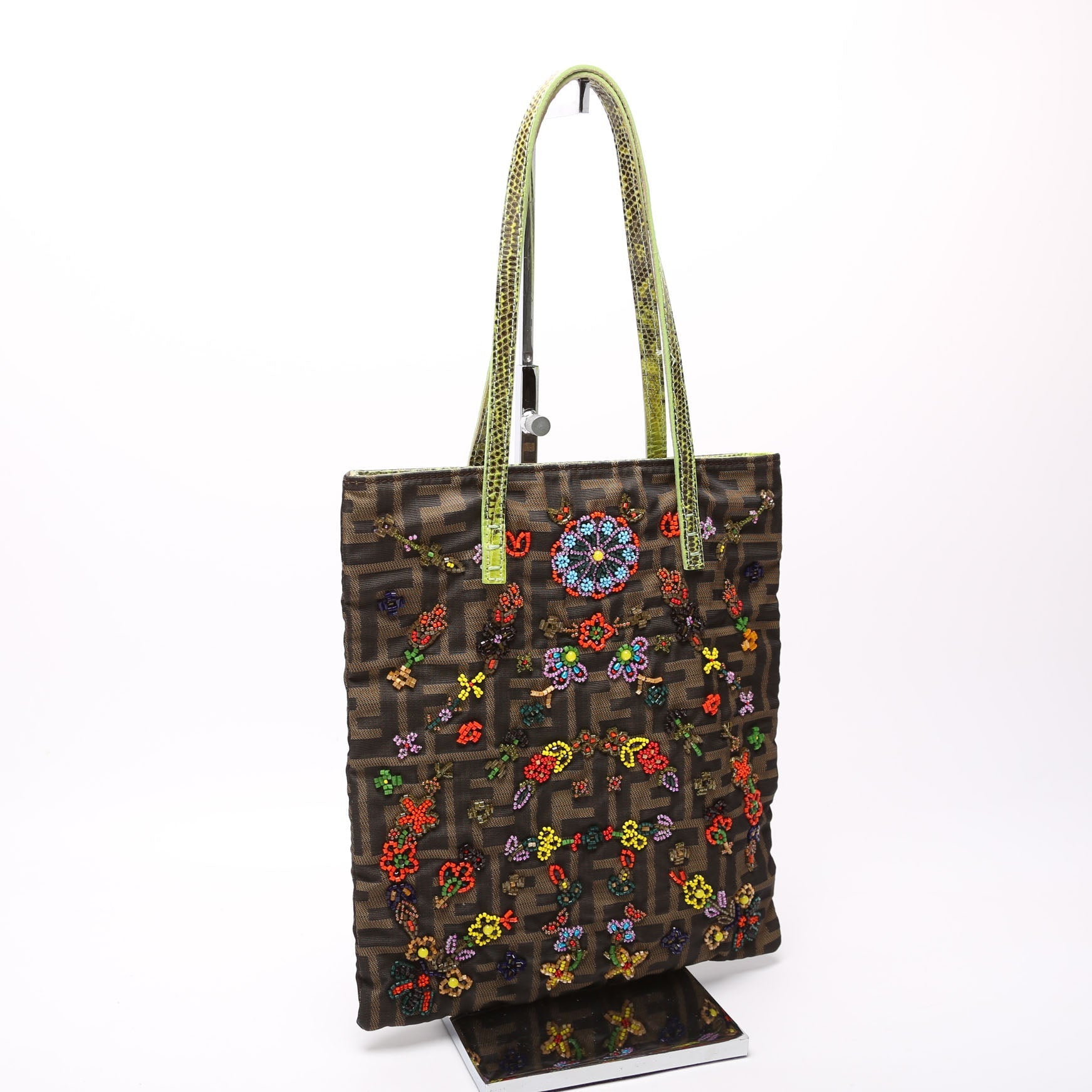 26291 Beaded Flower Lizard Vertical Shoulder Bag Vintage Brown/Green