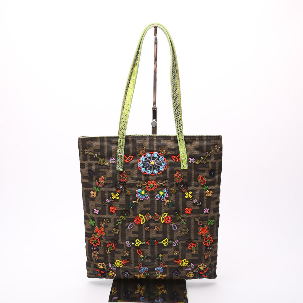 26291 Beaded Flower Lizard Vertical Shoulder Bag Vintage Brown/Green