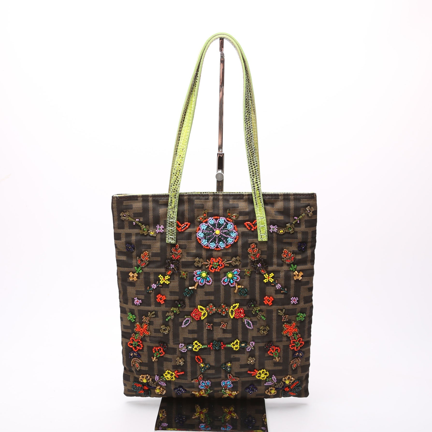 26291 Beaded Flower Lizard Vertical Shoulder Bag Vintage Brown/Green
