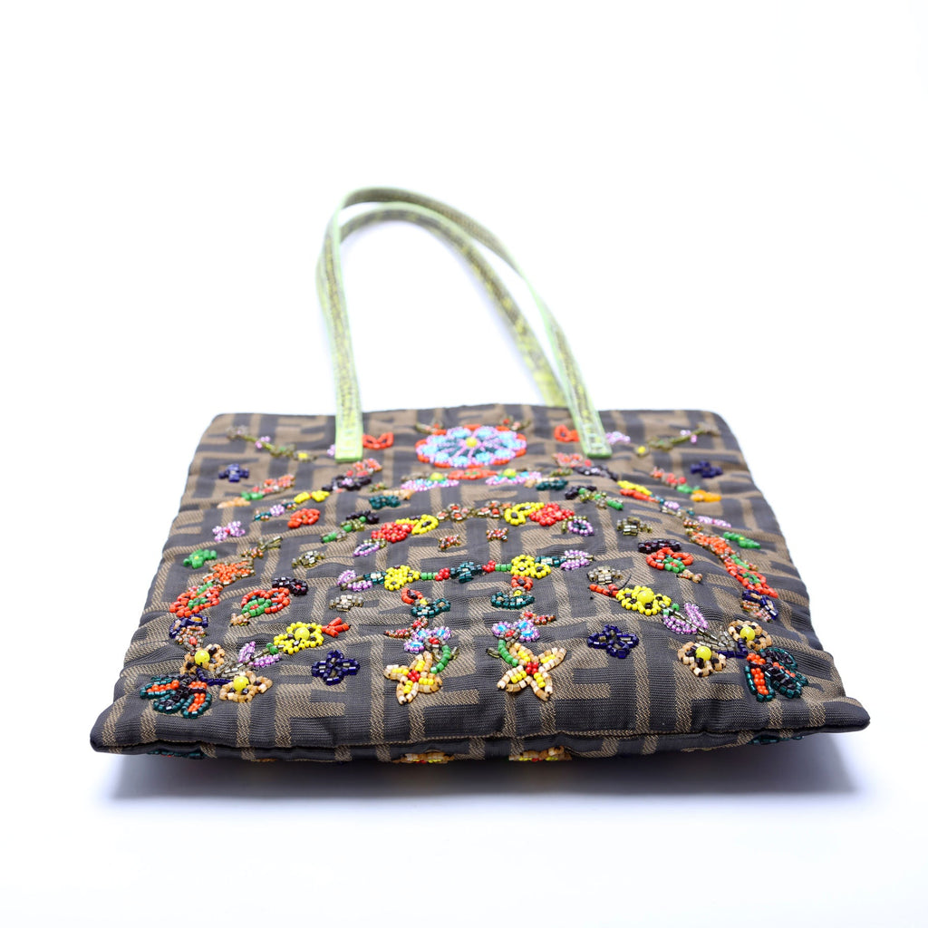 26291 Beaded Flower Lizard Vertical Shoulder Bag Vintage Brown/Green