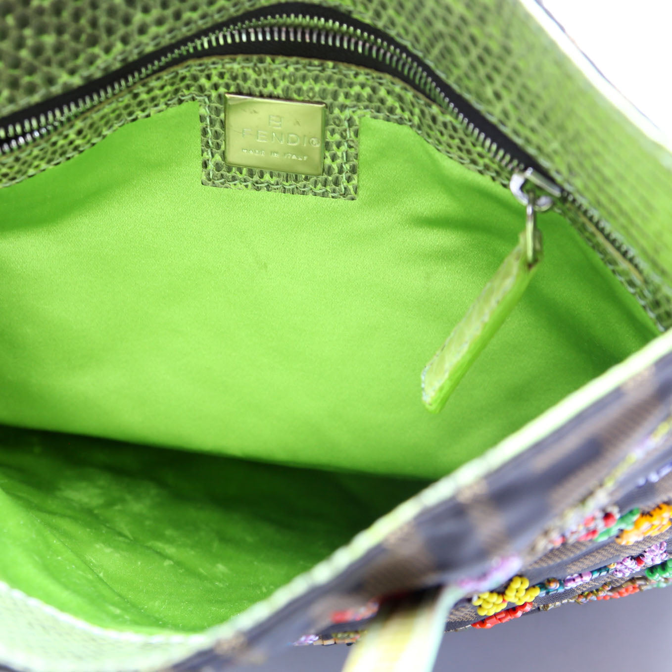 26291 Beaded Flower Lizard Vertical Shoulder Bag Vintage Brown/Green