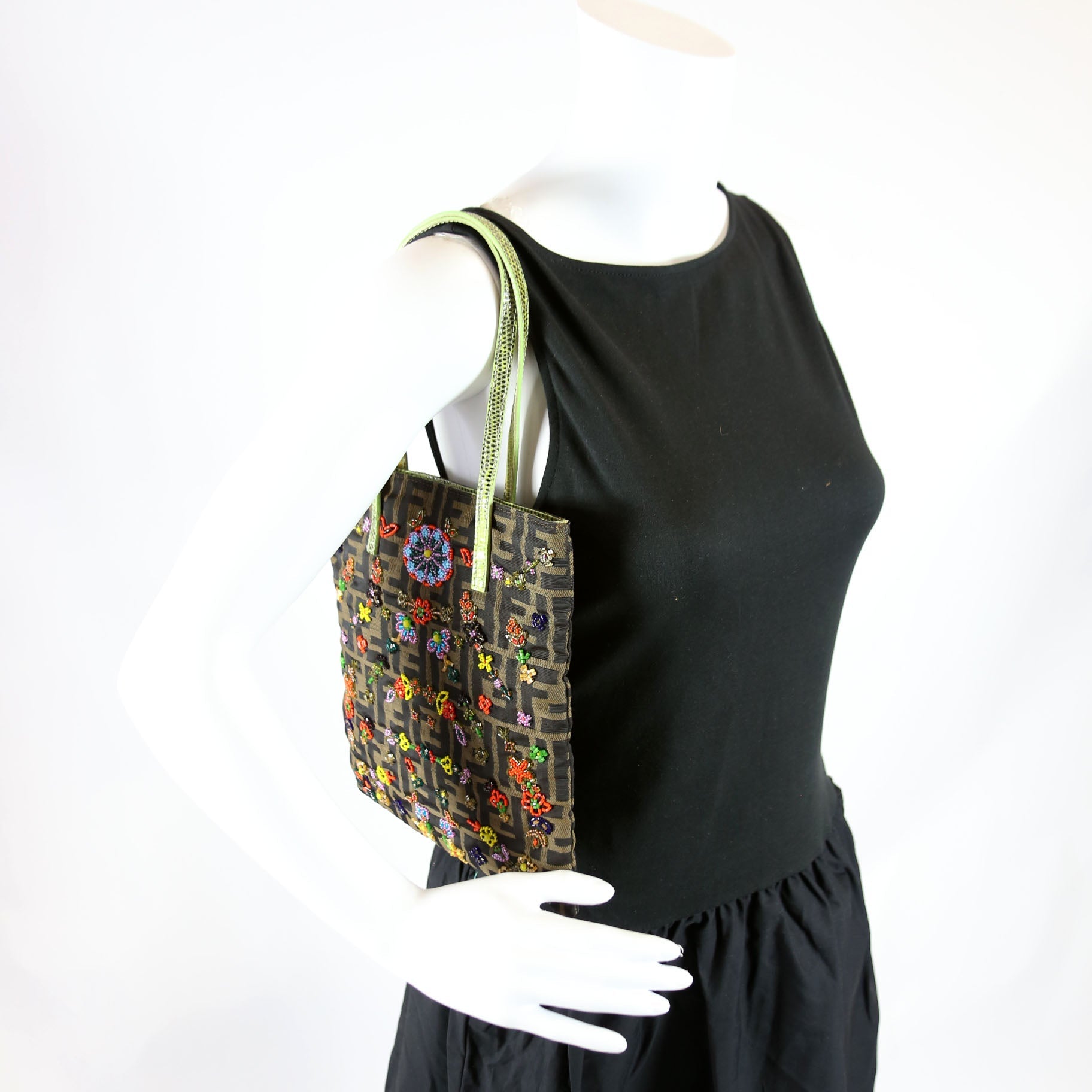 26291 Beaded Flower Lizard Vertical Shoulder Bag Vintage Brown/Green