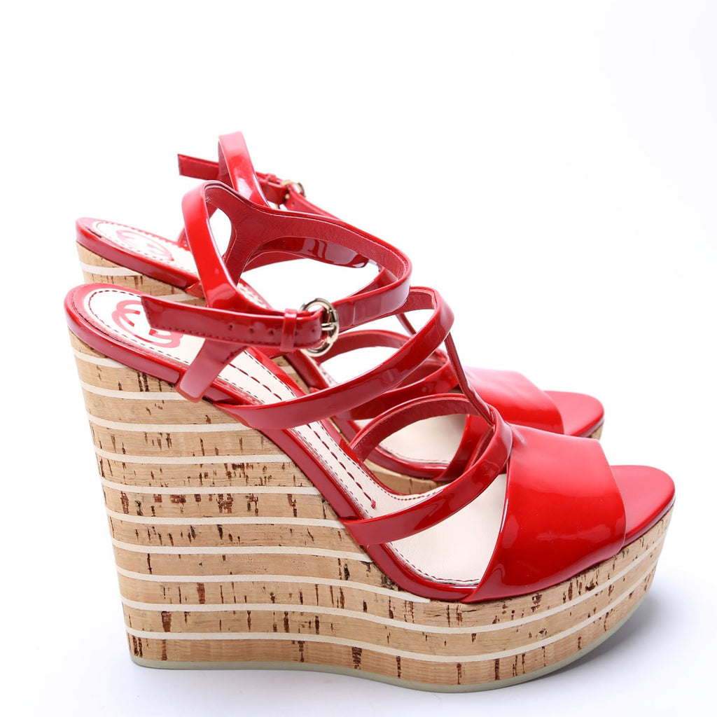 Interlocking G Patent Wedge Espadrilles Size 38.5 Red