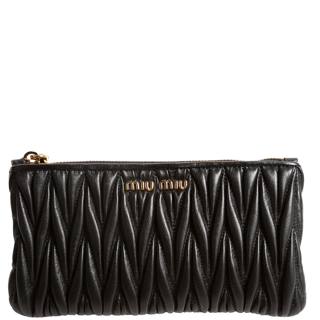 Matelasse Leather Zip Pouch Black