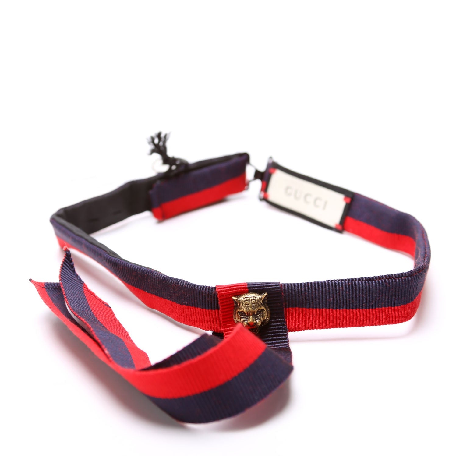 Gucci Ribbon Feline Head Choker Necklace Navy/Red