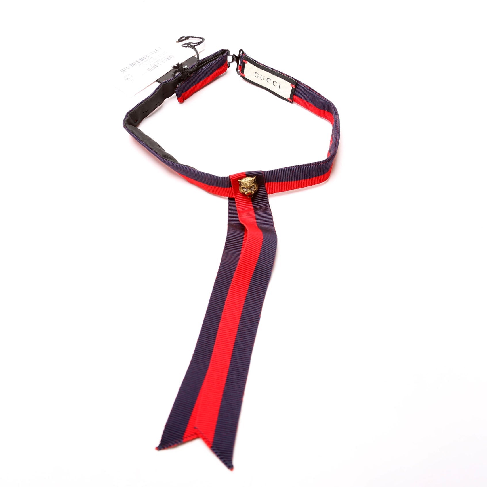 Gucci Ribbon Feline Head Choker Necklace Navy/Red