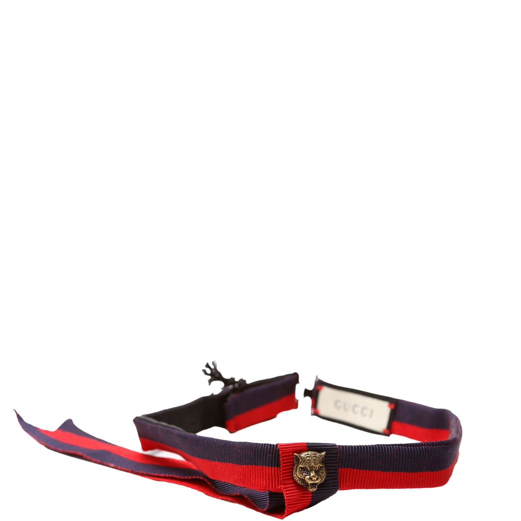 Gucci Ribbon Feline Head Choker Necklace Navy/Red