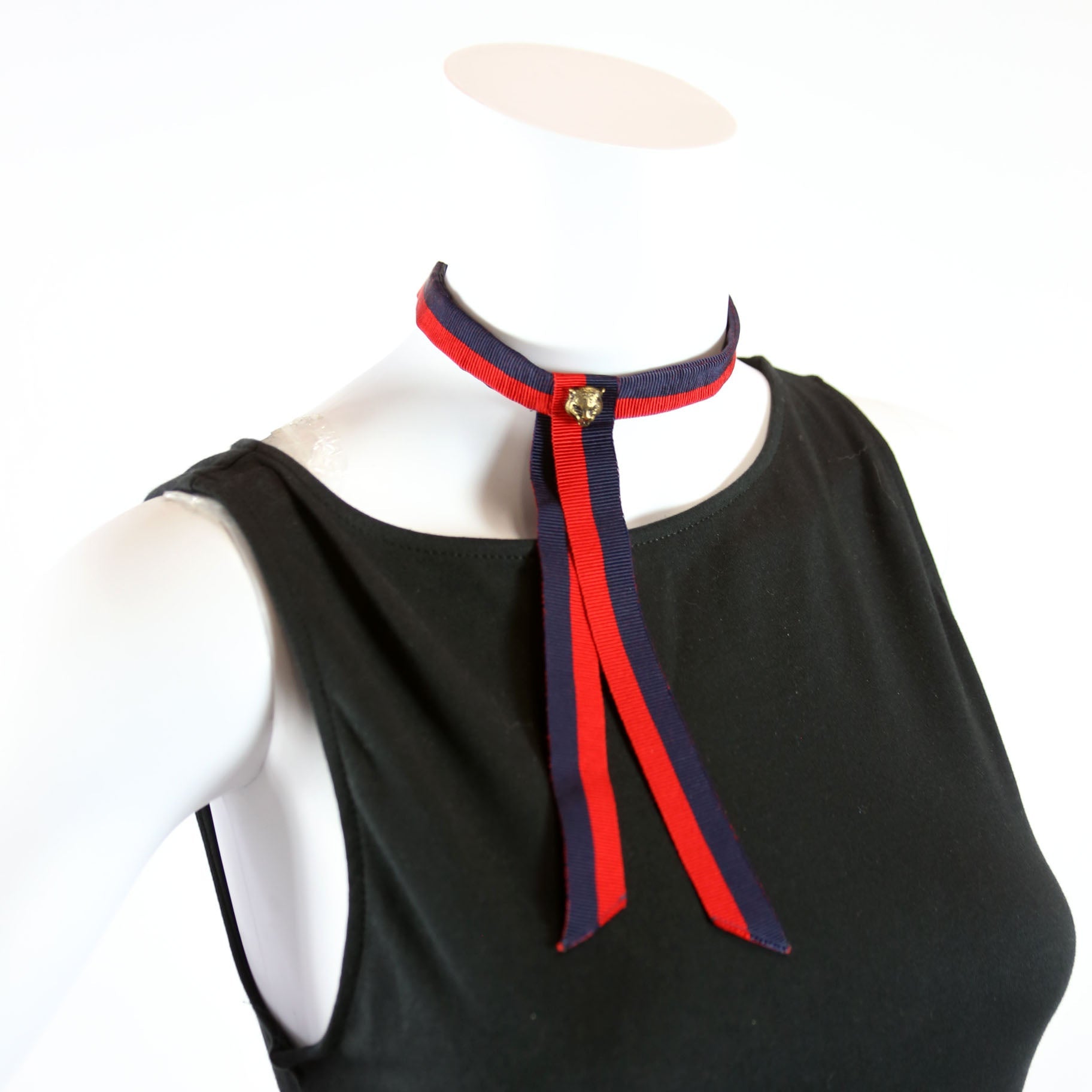 Gucci Ribbon Feline Head Choker Necklace Navy/Red