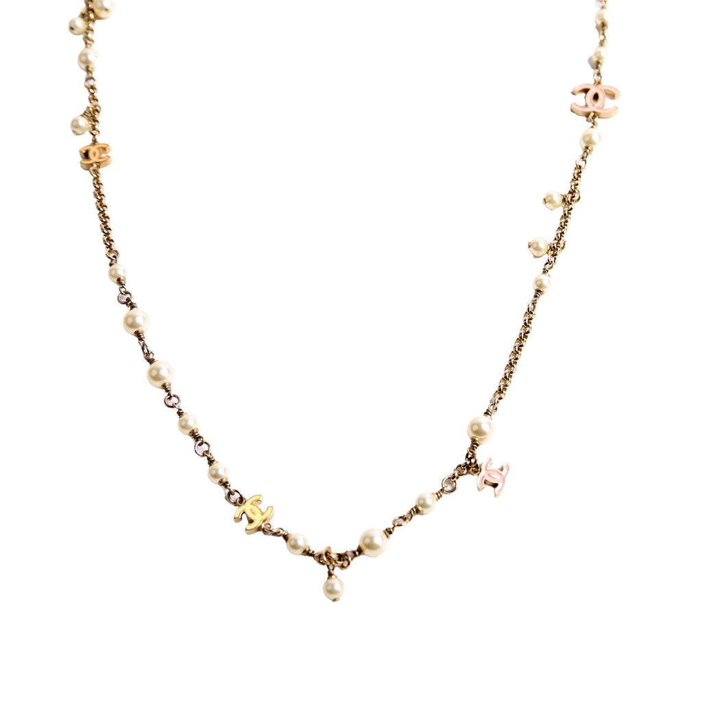 Enamel CC Pearl Long Necklace Pearl/Gold