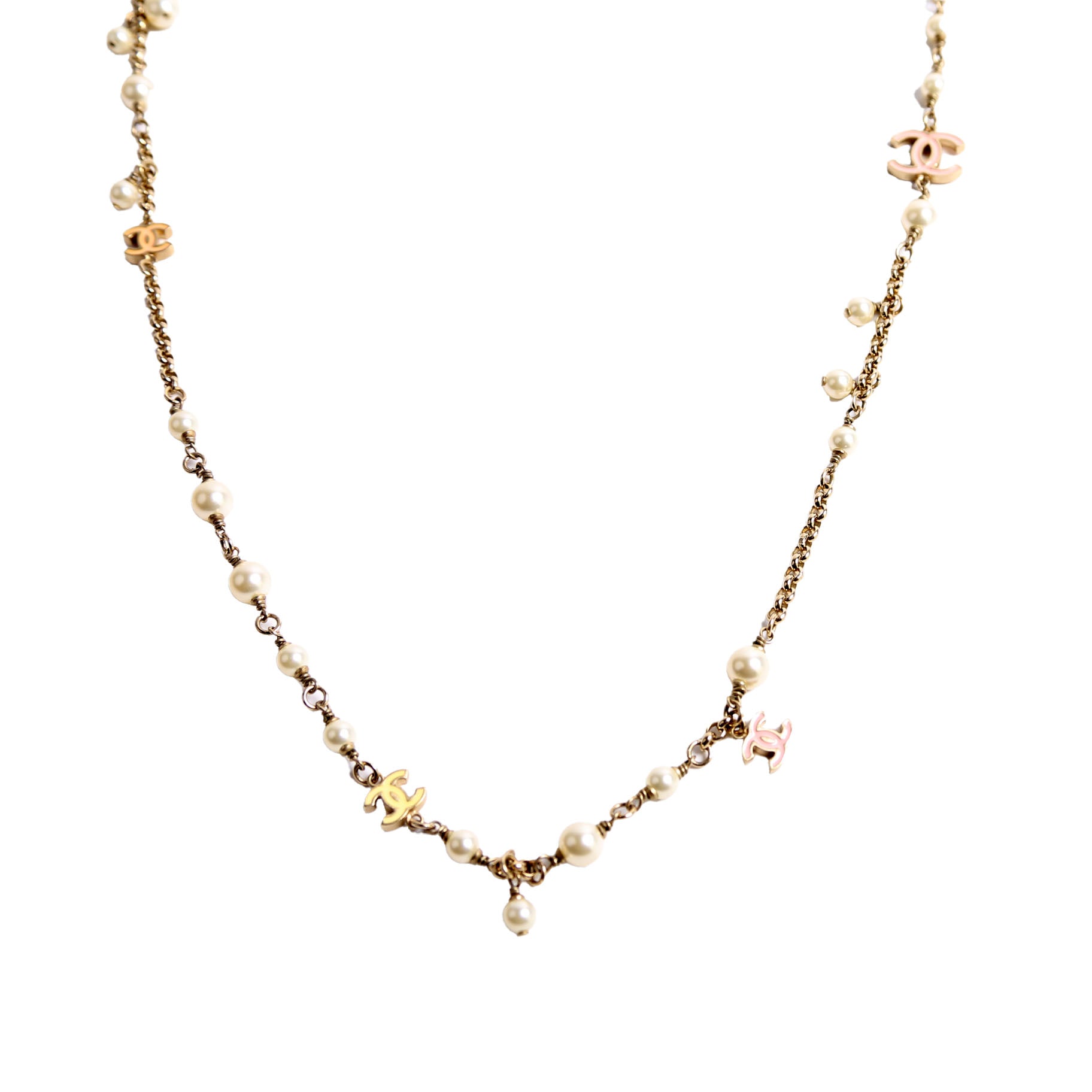 Enamel CC Pearl Long Necklace Pearl/Gold