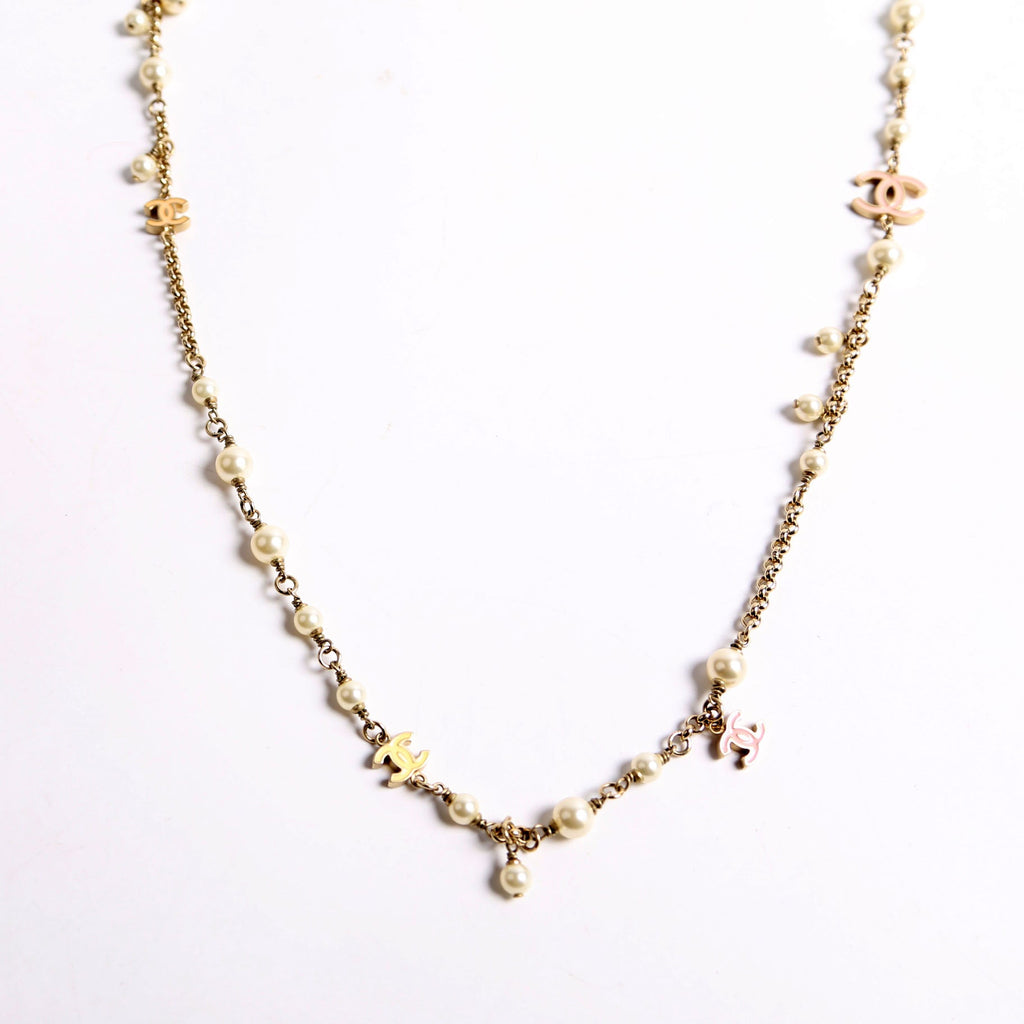 Enamel CC Pearl Long Necklace Pearl/Gold